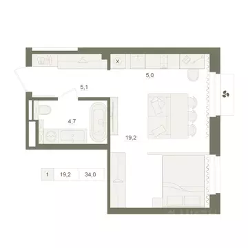 1-к кв. Башкортостан, Уфа Родина Парк жилой комплекс (34.0 м)