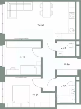 2-к кв. Ханты-Мансийский АО, Сургут ул. Крылова (64.02 м)