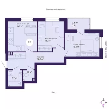 2-комнатная квартира: Екатеринбург, проспект Космонавтов, 7Б (60.9 м)