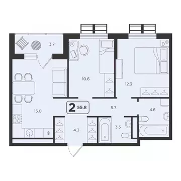 2-к кв. Тюменская область, Тюмень  (55.8 м)