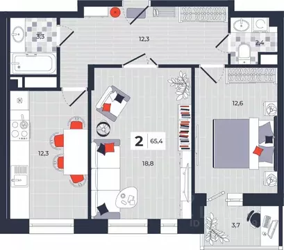 2-к кв. Тульская область, Тула ул. Академика Насоновой, 1А (65.4 м)