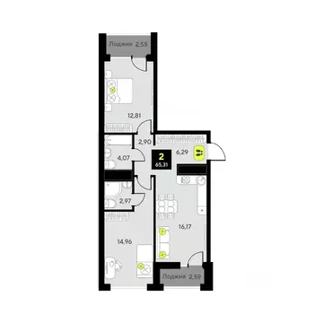 2-к кв. Тюменская область, Тюмень Мотивы жилой комплекс (65.31 м)