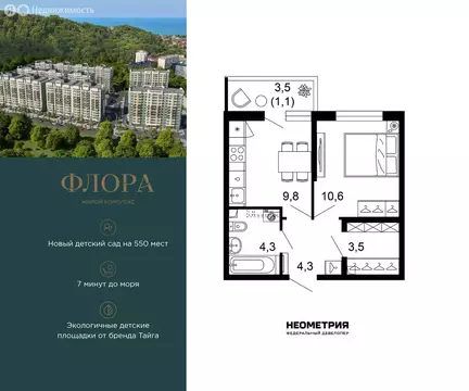 1-комнатная квартира: Сочи, улица Искры, 66/9к8 (34.1 м)