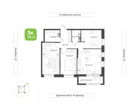 3-к кв. Ярославская область, Ярославль Тутаевское ш., 93Б (71.0 м)