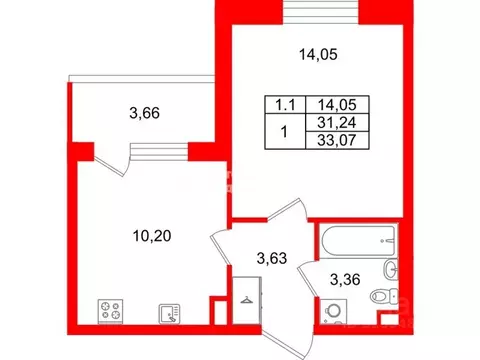 1-к кв. Санкт-Петербург Пулковское ш., 99к6 (31.16 м)
