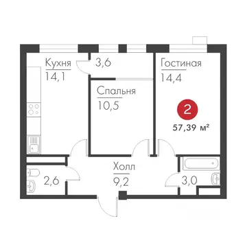 2-к кв. Самарская область, Самара просп. Масленникова, 14А (57.39 м)