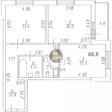 Квартира, 2 комнаты, 68.9 м