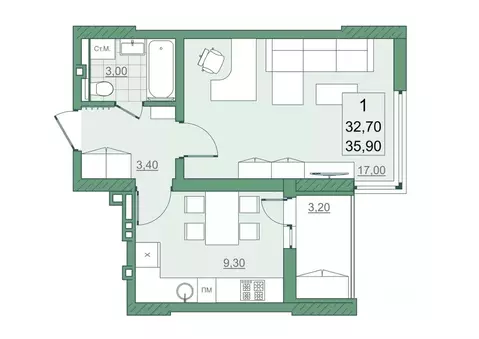 1-к кв. Саратовская область, Саратов просп. Героев Отечества, 7 (32.7 ...
