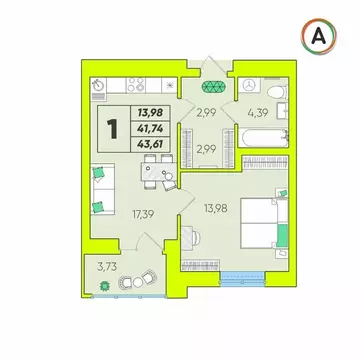 1-к кв. Калужская область, Калуга Зеленый жилой комплекс (43.61 м)