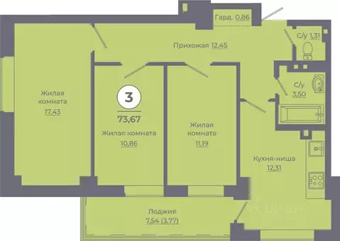 3-к кв. Ростовская область, Ростов-на-Дону ул. Жданова, 31 (73.25 м)