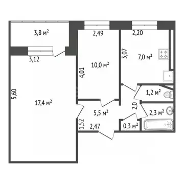 2-к кв. Башкортостан, Уфа Баязита Бикбая ул., 22 (43.7 м)
