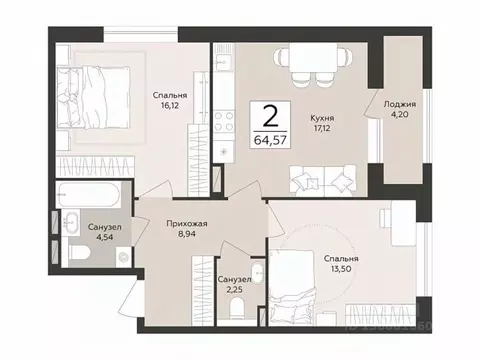 2-к кв. Воронежская область, Воронеж Эклипс жилой комплекс (64.57 м)
