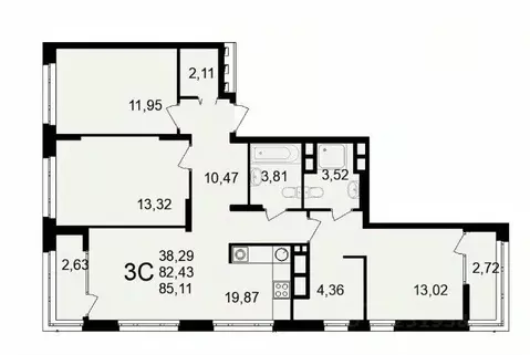 3-к кв. Рязанская область, Рязань Аура жилой комплекс (85.11 м)