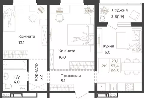 2-к кв. Алтай, Горно-Алтайск Дом 1824 жилой комплекс (59.3 м)