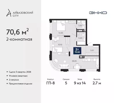 2-к кв. Тюменская область, Тюмень ул. Пожарных и Спасателей, 2 (70.6 ...
