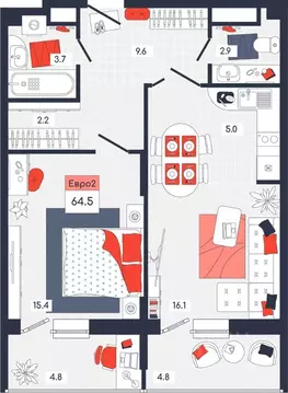 2-к кв. Тульская область, Тула ул. Академика Насоновой, 9 (64.5 м)