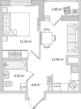 1-комнатная квартира: Новосаратовка, улица Первых, 6к1 (34.4 м)
