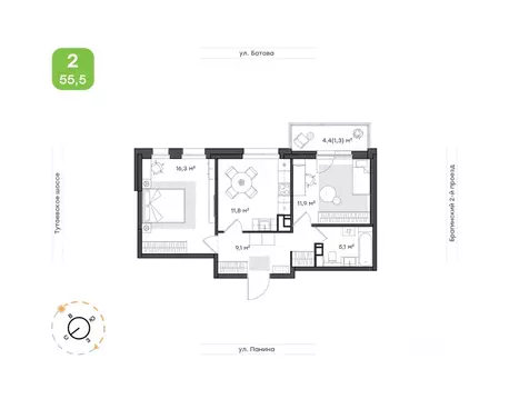 2-к кв. Ярославская область, Ярославль Тутаевское ш., 93Б (55.5 м)