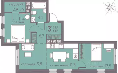 Студия Пермский край, Пермь ул. Серебристая, 5 (58.7 м)