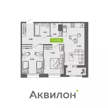 2-к кв. Архангельская область, Архангельск Комсомольская ул. (57.95 м)