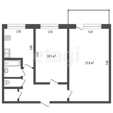 2-комнатная квартира: Тюмень, Фабричная улица, 6 (43.7 м)