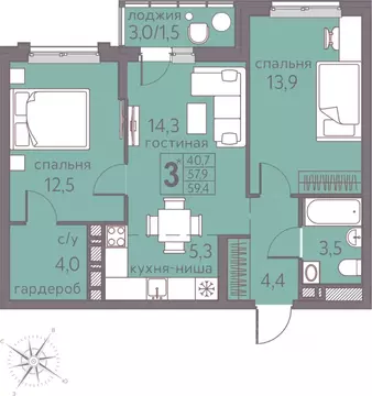 Студия Пермский край, Пермь ул. Серебристая, 5 (59.4 м)