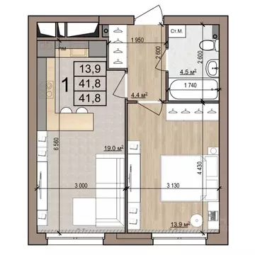 1-к кв. Рязанская область, Рязань ул. Новоселов, 33Б (41.8 м)