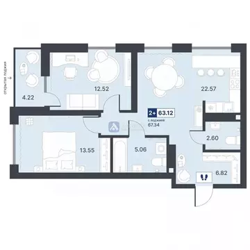 2-к кв. Тюменская область, Тюмень ДОК мкр, ул. Рылеева, 31 (63.12 м)