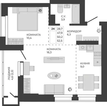 2-к кв. Алтайский край, Барнаул тракт Павловский, 251Б (50.2 м)