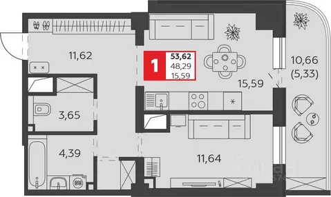 1-к кв. Ростовская область, Батайск ул. Воровского, 53 (53.62 м)