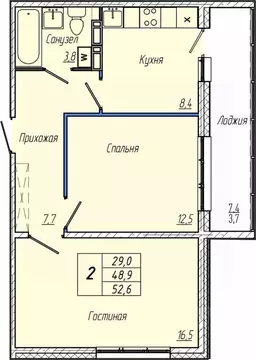 2-к кв. Кемеровская область, Кемерово просп. Притомский, 30Б (52.6 м)