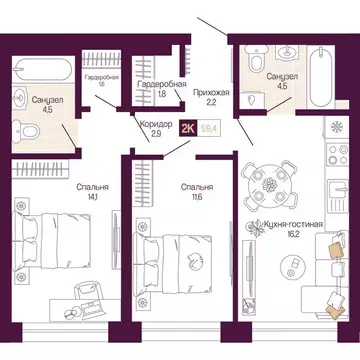 2-к кв. Нижегородская область, Нижний Новгород ул. Тургенева (59.4 м)