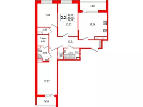 3-к кв. Санкт-Петербург Парашютная ул., 77к1 (92.4 м)