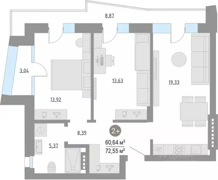 2-к кв. Тюменская область, Тюменский муниципальный округ, с. Кулаково ...