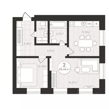 2-к кв. Башкортостан, Уфа Южный-2 мкр,  (56.44 м)