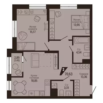 2-комнатная квартира: Екатеринбург, улица Энергостроителей, 7 (70.63 ...