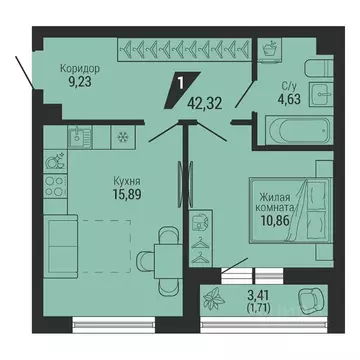 1-к кв. Свердловская область, Екатеринбург пер. Ученический, 4 (42.32 ...