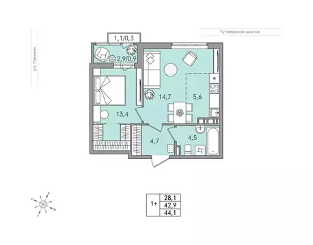 2-к кв. Ярославская область, Ярославль Тутаевское ш., 93Б (44.1 м)