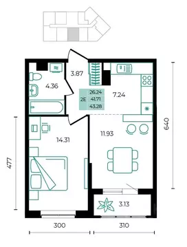 2-к кв. Адыгея, Майкопский район, пос. Тульский  (43.28 м)