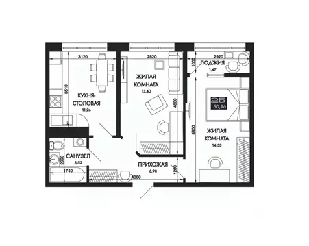 2-к кв. Адыгея, Тахтамукайский район, Яблоновский пгт  (50.96 м)