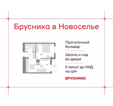 1-комнатная квартира: Новоселье, ЖК Брусника (43.7 м)