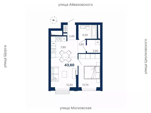 1-к кв. Свердловская область, Екатеринбург ул. Московская, 247А (43.6 ...