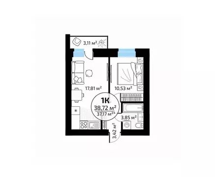 1-к кв. Самарская область, Самара пос. Мехзавод, 1-й кв-л, 50 (38.72 ...