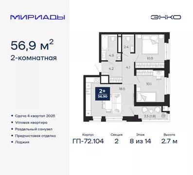 2-комнатная квартира: Тюмень, ЖК Мириады (56.9 м)