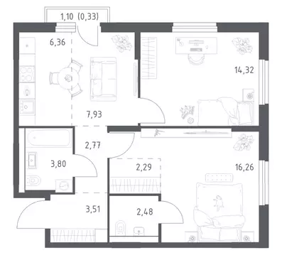 2-к кв. Башкортостан, Уфа ул. Минигали Губайдуллина, 8к9 (60.05 м)