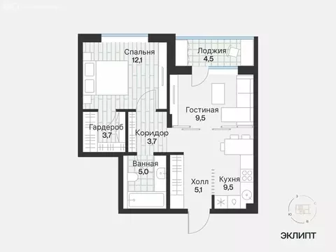 1-комнатная квартира: Тюмень, улица Игоря Комиссарова, 19 (50.54 м)
