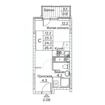1-к кв. Приморский край, Владивосток ул. Расула Гамзатова, 7к2 (26.4 ...