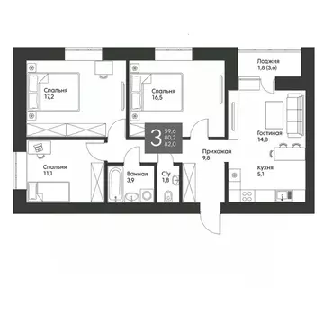 3-к кв. Татарстан, Альметьевск ул. Гафиатуллина, 60 (82.0 м)