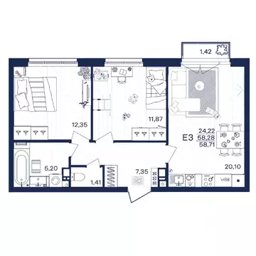 2-к кв. Тульская область, Тула Гармония жилой комплекс (58.71 м)