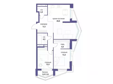 3-к кв. Москва Символ жилой комплекс (80.0 м)